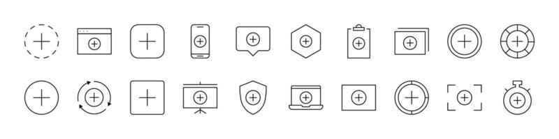 Plus Sign Line Icon Bundle. Outline Signs for Graphic and Web Design, Apps, Adverts, Various Cards vector