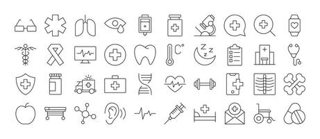 Medical Cross, Heart, Bones, Health Care Outline Web Line Icons Collection. Minimalistic Linear Pictogram for Web and Graphic Design, Apps, Banners, Social Network and Cards vector