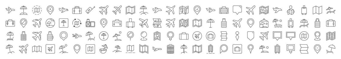 Minimalistic Linear Illustrations of Vacation. Contains Icons of Plane, Map, Location, Beach Umbrella that Can Be Used for Design of Cards, Posts, Apps, Web Sites vector