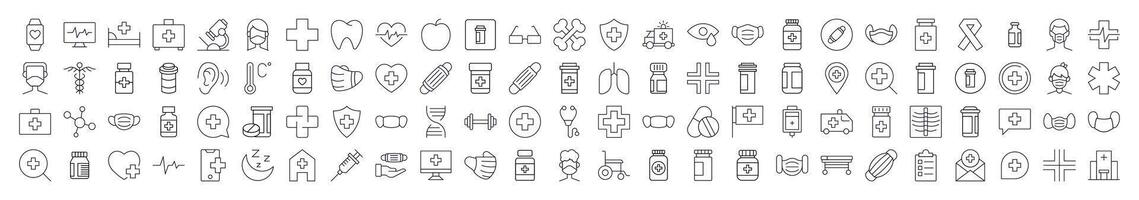 Medicine and Healthcare Line Icon Set. Modern Collection for Design, Web Sites, Apps, Cards. Contains Linear Images of Organs, Medical Cross, Pills vector
