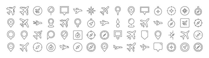 Plane, Map Pin, Compass Thin Line Icon Set. Outline Signs for Graphic and Web Design, Apps, Adverts, Various Cards vector