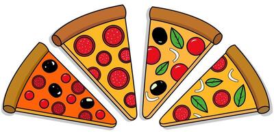 isolated elements for design pizza slices of different types black outline bright modern colors for decor and web illustrations vector
