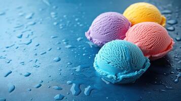 Vibrant pastel ice cream scoops with water droplets on blue backdrop photo