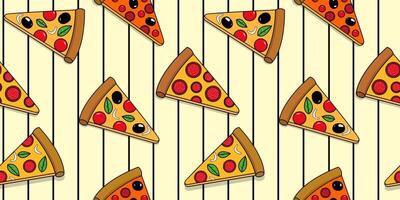 Seamless Pizza Slice Pattern with Pepperoni, Olives, Basil, and Cheese on a Striped Background Fun and Playful Food Themed Digital Illustration web vector