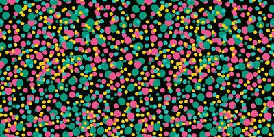 Seamless colorful abstract dot pattern with bright pink, turquoise and yellow circles on a black background for playful aesthetic modern web designs vector