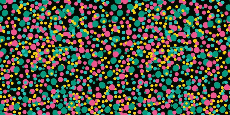 Seamless colorful abstract dot pattern with bright pink, turquoise and yellow circles on a black background for playful aesthetic modern web designs