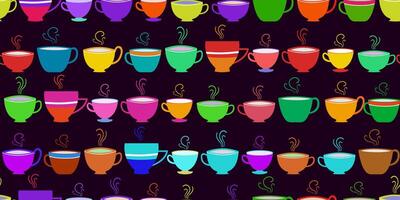 Seamless pattern with multicolored bright coffee tea cups on a purple background for fabric wallpaper, packaging, kitchen decor and digital web design vector