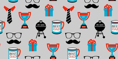 Seamless Father's Day Pattern with Trophies, Gifts, Mugs, Mustaches, Ties, and Grills in a Modern and Playful Design on a Gray Background vector