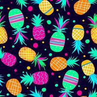 bright seamless pattern multicolored pink yellow turquoise neon painted pineapples with colored polka dots, confetti, for web design decorations textile dark background vector