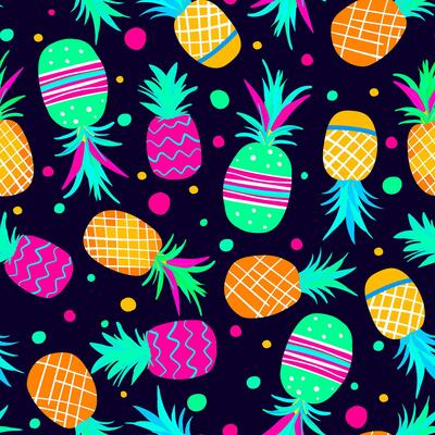 bright seamless pattern multicolored pink yellow turquoise neon painted pineapples with colored polka dots, confetti, for web design decorations textile dark background