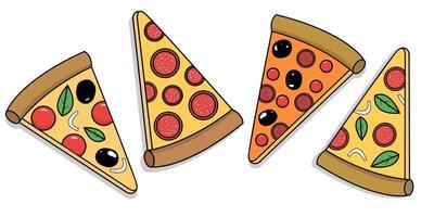 isolated elements pizza slices of different types black outline modern pastel colors for decor and web design illustrations vector
