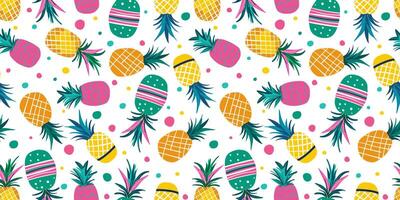 bright seamless pattern multicolored pink yellow turquoise neon painted pineapples with colored polka dots, confetti, for web design decorations textile white isolated background vector
