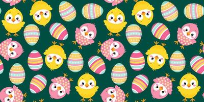 seamless Easter pattern with pink and yellow chickens and bright Easter eggs on a dark green emerald background, spring design for cards decorations textile paper vector