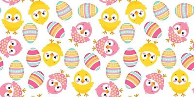 seamless Easter pattern with pink and yellow chickens and bright Easter eggs on a white background, spring design for cards decorations textile paper vector