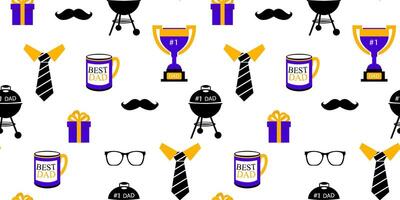 Seamless Father's Day pattern for man with prizes, gifts, mugs, mustache, glasses ties and grill in modern playful design on white background for web decor textile vector