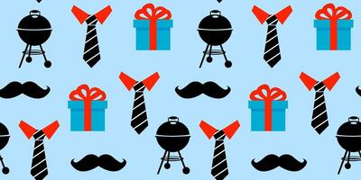 modern seamless pattern for man with gifts mustache ties and grill in modern playful design on blue background for textile web decorations father's day vector