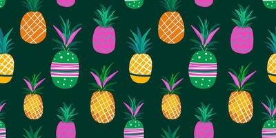 modern seamless pattern multicolored doodle-style painted pineapples for web design decoration textile isolated dark green emerald background tropical summer vector