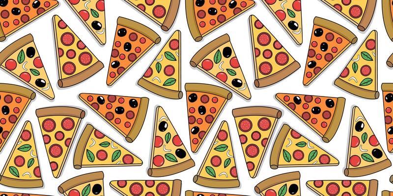 seamless pattern of different types of pizza slices on a white background for web textile or paper design menu cafe