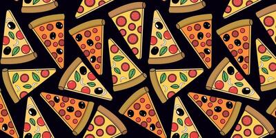 seamless pattern of different pizza slices on a black dark background for web textile or paper design vector