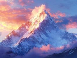 A mountain with clouds and a sunset photo