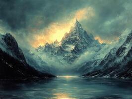 Majestic Peaks Ascend Above Serene Waters, A Landscape Painting of Nature, photo