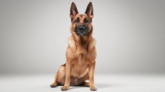 Majestic Belgian Malinois sits proudly against a neutral background showcasing its strong build and alert demeanor. photo