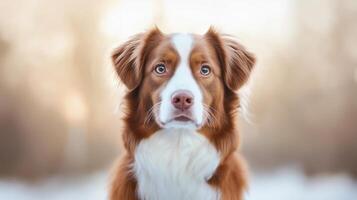 Brown and white dog with expressive eyes posing against a blurred background in a serene winter setting. photo