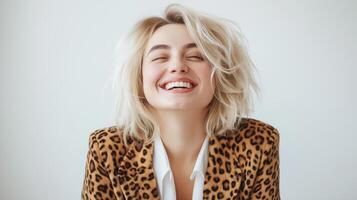Smiling woman in leopard print jacket enjoys a joyful moment at home during bright daylight. photo