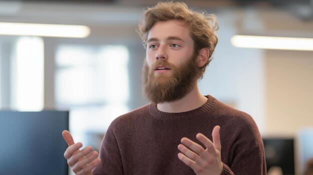 Man with beard gestures while speaking in a bright office setting during a team meeting focusing on collaboration and ideas. photo
