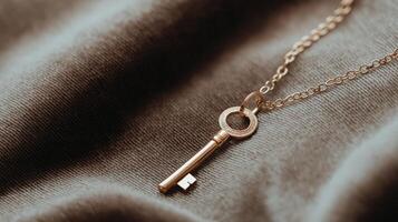 Gold key pendant necklace resting on a textured fabric background capturing elegance and charm. photo
