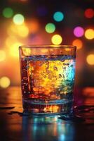 Fizzy Drink in Glass, Colorful Lights, photo