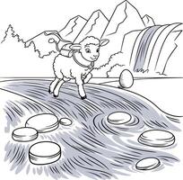a sheep is climbing a mountain with bag and stick to achieve egg vector