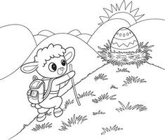 a sheep is climbing a mountain with bag and stick to achieve egg illustration vector