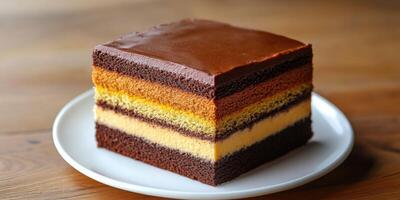 Layered Chocolate Cake with Glossy Ganache on Plate, Delicious Treat, photo