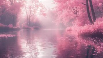 Pink trees and water in a forest photo