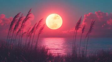A full moon is seen over the ocean with tall grass photo