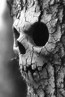 A black and white photo of a skull on a tree