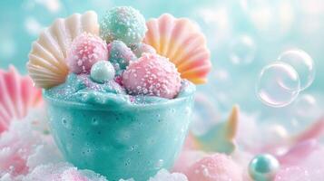 Pastel dessert with seashells and bubbles in fantasy world photo