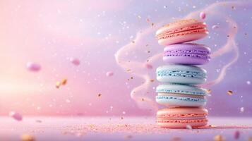 Stack of pastel macarons on dreamy background, confectionery delight, sweet treat, photo