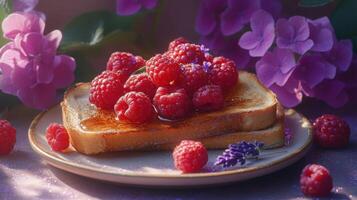 Toast with Raspberries and Honey, Enhanced by Floral Accents, photo