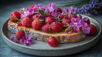 Strawberry toast with violet flowers on a plate, food photography, art picture, photo