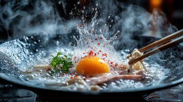 Explosion of Flavor Steaming Ramen with Egg and Chopsticks, Food Art photo
