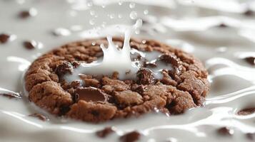 Chocolate chip cookie dunked in milk creating splash. Delicious treat. photo