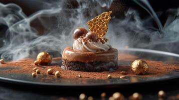 Decadent chocolate dessert with gold accents and smoke effect, photo