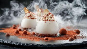 Elegant dessert presentation with chocolate, cream, and smoke effect, photo