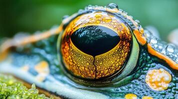 Macro Frog Eye with Water Droplets Reflecting Forest photo