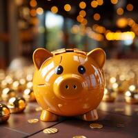 A piggy bank on a table with golden coins photo