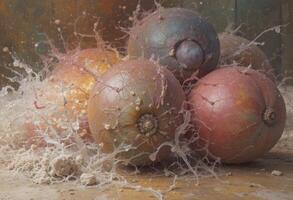A group of colorful fruits are splashed with water photo