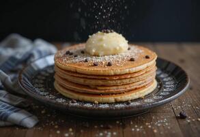 A stack of pancakes with a scoop of ice cream on top photo