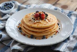 A stack of pancakes with berries and nuts on top photo